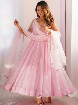 Wedani - Pastel Pink Embroidered Flared Anarkali and Pant with Sheer Dupatta
