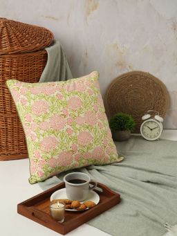 SPACES - Cotton Cushion Covers Handcrafted Handstitch Blockprint (Floral 4 5 Cm x 45 Cm) Green