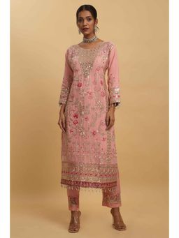 Aham-Vayam - Floral Embroidered Pink Kurta with Pant and Dupatta