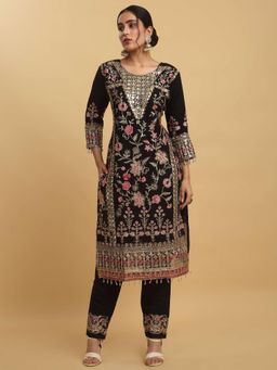 Aham-Vayam - Floral Embroidered Black Kurta with Pant and Dupatta