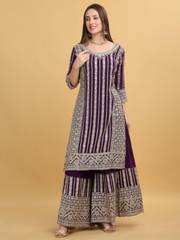 Aham-Vayam - Zar- Firdaus Embroidered Purple Kurta with Sharara and Dupatta