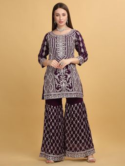 Aham-Vayam - Kasbah Embroidered Purple Kurta with Sharara and Dupatta