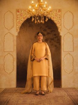 AFRIYA - Gold Tajra Zero-Neck A-Line Kurta with Pants and Dupatta