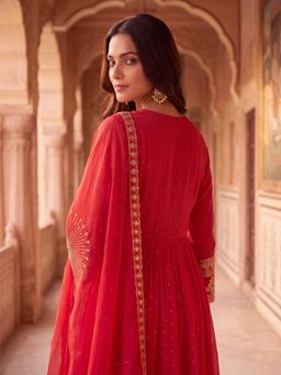 "Two Sisters" by Gyans - Crimson Mul Chanderi Embroidered Red Kurta with Pant and Dupatta