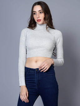 BROOWL - Grey Womens Solid Crop High Neck Sweater