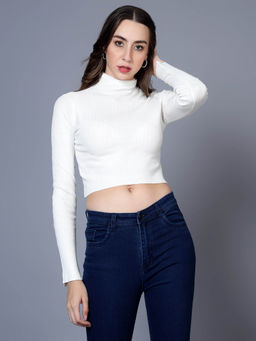 BROOWL - White Womens Solid Crop High Neck Sweater
