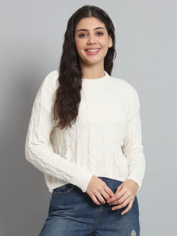 BROOWL - White Womens Round Neck Sweater