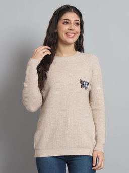 BROOWL - Beige Womens Solid Sweater