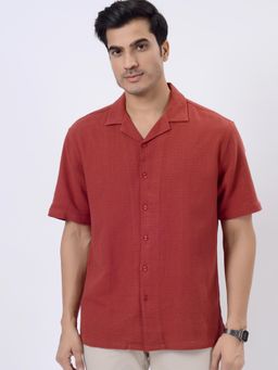 JadeBlue - Red 100% Cotton Textured Casual Shirt