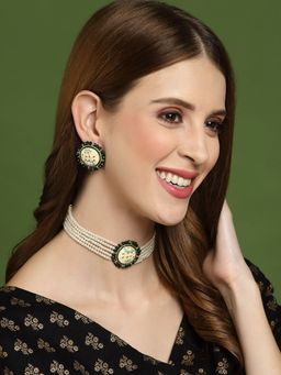 PANASH - Gold Plated off White and Green Beads Meenakari Handcrafted Choker Jewellery (Set of 2)