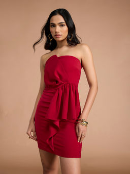 RSVP by Nykaa Fashion - Red Asymmetrical Tube Neck Ruffled Fitted Mini Dress