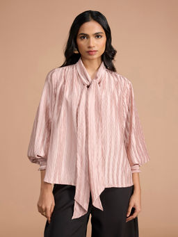RSVP by Nykaa Fashion - Light Pink Textured Full Sleeves Tie Up Top