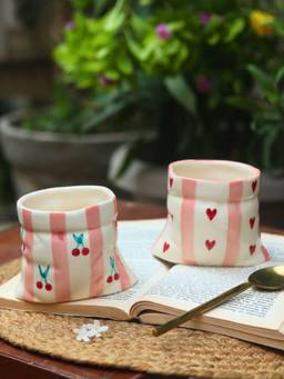 WEAVING HOMES - Striped Heart Pouch and Striped Cherry Pouch Mugs Pack of 2