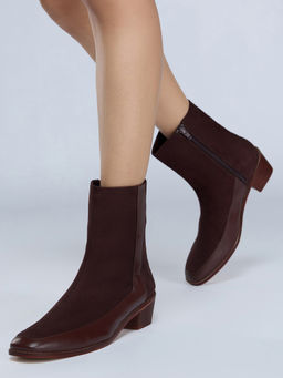 Twenty Dresses by Nykaa Fashion - Brown Square Toe Suede Block Heel Boots For Women