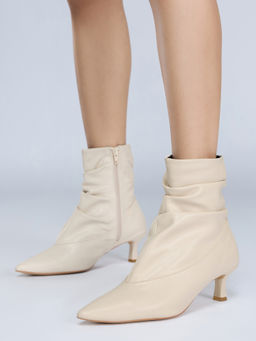 Twenty Dresses by Nykaa Fashion - Cream Pointed Toe Ruched Women's Kitten Heel Boots