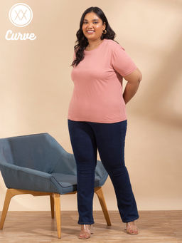 Twenty Dresses by Nykaa Fashion - Curve Pink Solid Round Neck Basics T Shirt