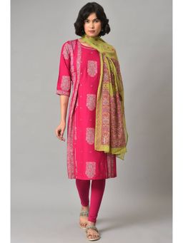 W - Pink Printed Kurta-Tight-Dupatta (Set of 3)