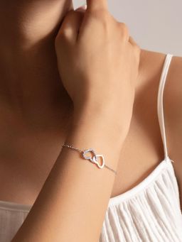 Nistra - 925 Sterling Silver Charming Twin Hearts Bracelet (Adjustable)