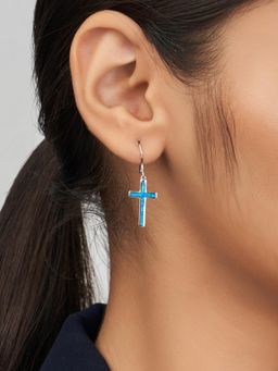 Nistra - 925 Sterling Silver Created Opal Serene Cross Drop Earrings