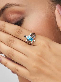Nistra - 925 Sterling Silver Created Opal Aqua Shellback Ring