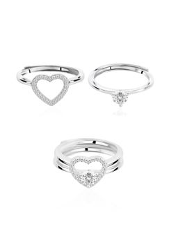 Nistra - 925 Sterling Silver Heart Sparkle Duo Rings (Adjustable)