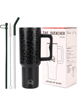 House of Quirk - Water Tumbler Hot - Cold with Handle & Lid 2 Straw 1200ML - Powder Leopard