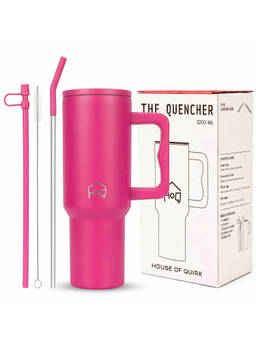 House of Quirk - Water Tumbler Hot - Cold with Handle & Lid 2 Straw 1200ML - Powder Raspberry