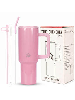 House of Quirk - 1200Ml Tumbler With Handle & Lid 2 Straws Travel Mug Water Cup - Stradust Baby Pink