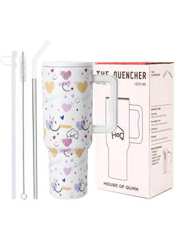 House of Quirk - 1200Ml Tumbler With Handle & Lid 2 Straws Travel Mug Water Cup White Heart