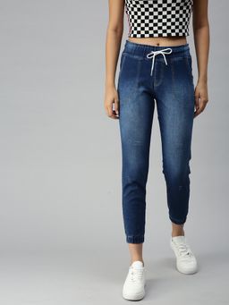 SHOWOFF - Women Ankle High Waist Blue Solid Joggers