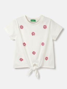 United Colors of Benetton - Off White Regular Fit Round Neck Embroidered Top