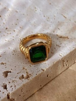 AQUASTREET - Green Zircon Statement Ring Anti-Tarnish Waterproof 18K Gold Plated