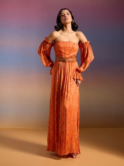 RSVP by Nykaa Fashion - Multi-Color Paisley Print Off Shoulder Maxi Dress with Belt (Set of 2)