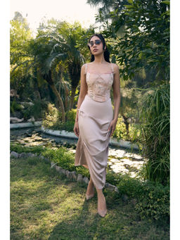 Lea Clothing - Bianca Nude Pink Satin Mid Skirt