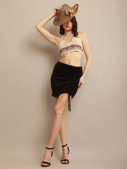 NOBARR - Womens Nylon Fluffy Knit A-Line Black Mini Skirt