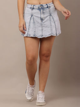 NOBARR - Womens Cotton Pleated Blue Denim Mini Skirt