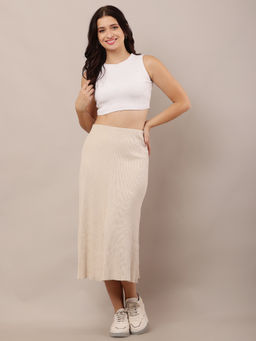 NOBARR - Womens Acrylic Knitted Ribbed A-Line Beige Skirt