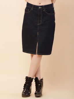 NOBARR - Womens Denim Regular Fit Front Slit Navy Blue Skirt