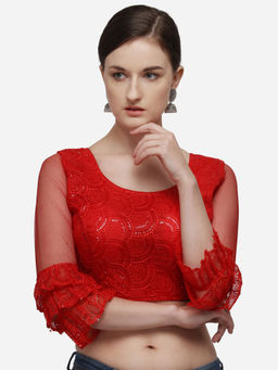 Amrutam Fab - Womens Embroidered Red Net Stiched Blouse With Round Neck