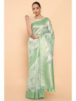 Soch - Women Green Cotton Printed Saree with Unstitched Blouse