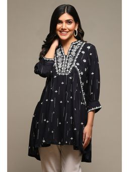 Biba - Women Black Embroidered Rayon Straight Kurti