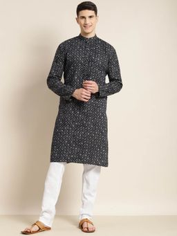 SOJANYA - Men Cotton Black & Grey Printed Kurta with White Churidar Pyjama (Set of 2)