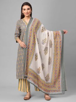 Shree - Women Cotton Grey Floral Printed Kurta Comfort Pant Dupatta (Set Of 3)