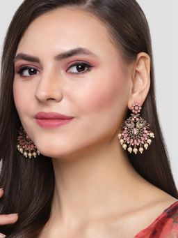 Karatcart - Antique Gold Plated Pink and Golden Pearl Studded Dangler Earrings for Women