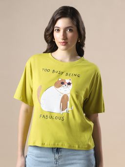 Globus - Women Green Drop Shoulder Graphic Printed Oversized Trendy Crop T-Shirt