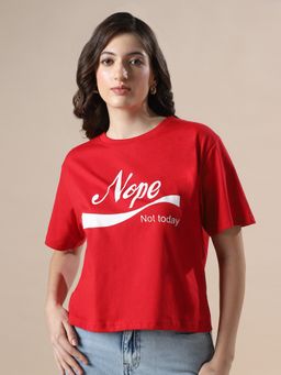 Globus - Women Red Drop Shoulder Graphic Printed Oversized Trendy Crop T-Shirt