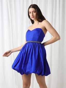 Globus - Women Blue Strapless Sweetheart Neck Panelled Mini Balloon Party Dress