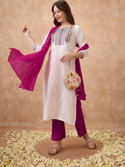 Globus - Off-White Round Neck Embroidered Yoke Straight Kurta with Pant and Dupatta (Set of 3)