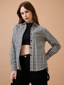 Globus - Black and White Checked Collared Neck Cuffed Sleeves Shirt Style Top