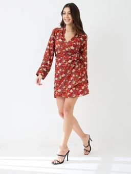 Globus - Women Red Collar Neck Floral Wrap Mini Dress